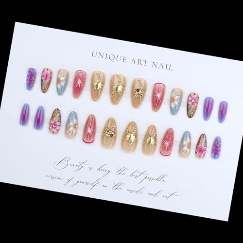 Summer Press On Nails Medium Almond Fake Nails With 3D Flower Rhinestone Design Acrylic False Nails French Leopard Print Nail Press Ons Orange Glossy Glue On Nails For Women - color: Design-24