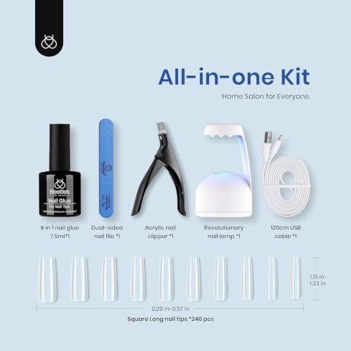 Beetles Gel Nail Kit Easy Extension Set, 240 PCS Long Square - color: Long Square 240pcs (Clear Kit)