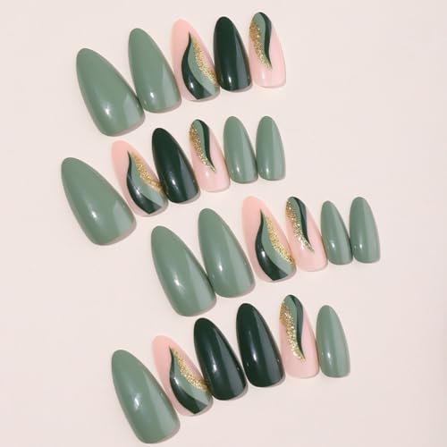 CTTHNBD Press on Nails Green - Medium Almond Fake Nails with Gold Foil Design - Christmas, Glossy Full Cover Stick on Nails - for Women 24 Pcs - color: Gold Green