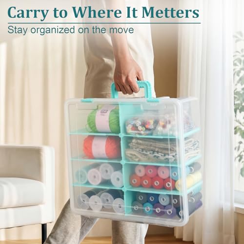 BTSKY Clear Plastic Dividing Storage Box with 8 Deep Compartment Sewing Box - size: 15.1x13.9x6.1 Inches-Clear