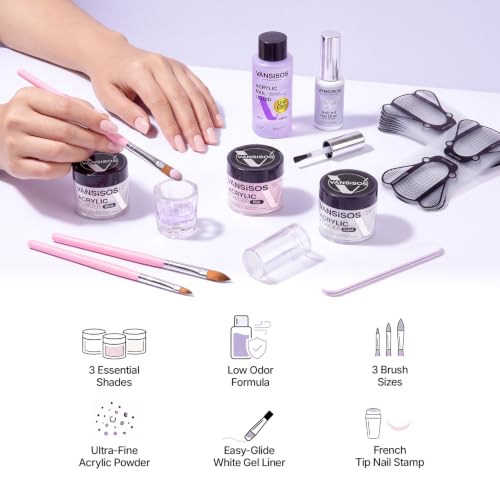 Acrylic Nail Kit - 40ml Low-Odor Acrylic Liquid 3 x 15g Powders (White, Clear, Pink) and 10ml Gel Liner for Nail Extensions Nail Stamper for French Nails - size: Acrylic nail kit-f