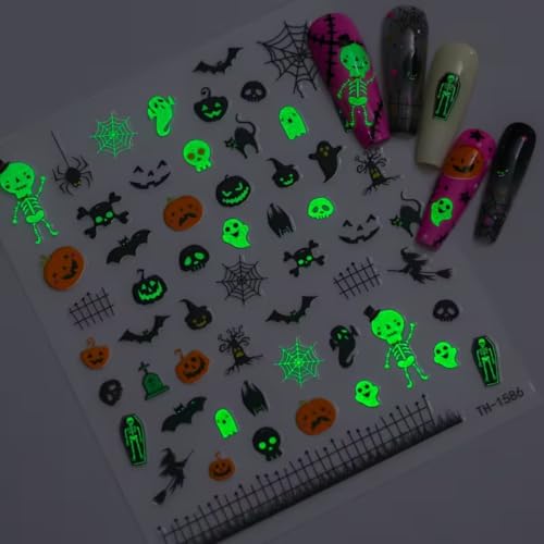 Glow in the Dark Halloween Nail Art Sticker Pumpkin Spider Web Nail Sticker 6Pcs 3D Self-Adhesive Pumpkin Bat Ghost Bone Nails Decals Cat Nail Supplies Accessories for Halloween Manicure Decoration - color: Glowing Ghost