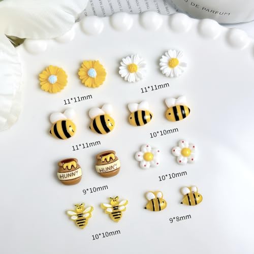 150Pcs Cartoon Bee Nail Charms for Nail Art Cute Flower Nail Charms Five Petal Bee Honey Jar Resin Nail Art Charms Sunflower Bees-Themed Nail Accessories Daisy Nail Supplies for Women Acrylic Nails - color: yellow