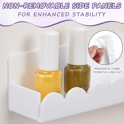 AceOrbit 6 Pack Wall Mounted Acrylic Nail Polish Display Rack, 15 Inch Scalloped Cosmetic Organizer Shelves with Anti-Slip Sides for Nail Polish, Holds 60–90 Bottles, White