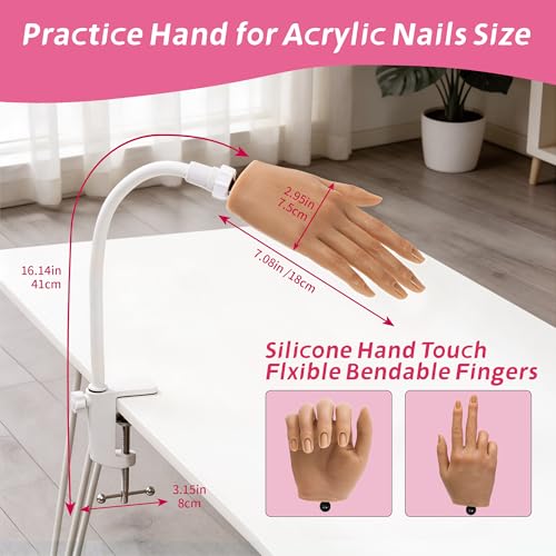 Practice Hand for Acrylic Nails, Silicone Hand, 120 Tips & Stand - color: light skin