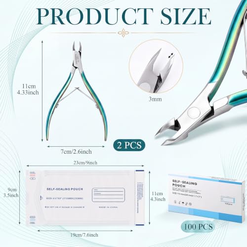 Lothee 2 Pcs 3mm Cuticle Nippers Trimmer with 100 Sterilizer Pouch, Rainbow - color: Rainbow