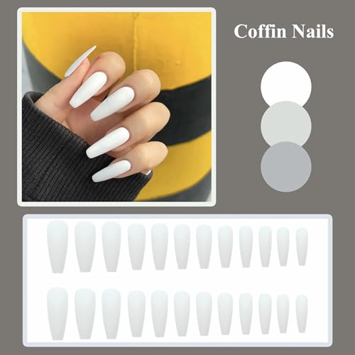 MISUD Press on Nails - Long Coffin Fake Nails with Milky White, Acrylic Matte Solid Color Design 24 pcs - color: 019A05-13White