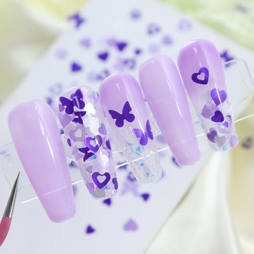 1 Box 2 Color Holographic Hearts Flower Nail Glitter Purple Nail Sequins 3D Butterfly Nail Flakes Sparkly Powder Flakes Shiny Nail Confetti Hollow Chunky Glitter for Nails Art 12 Grids - color: Color 25