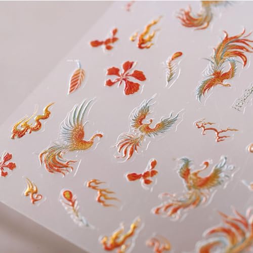 5D Embossed Nail Stickers Gold Phoenix Feather Flame Self Adhesive - color: Gold Phoenix