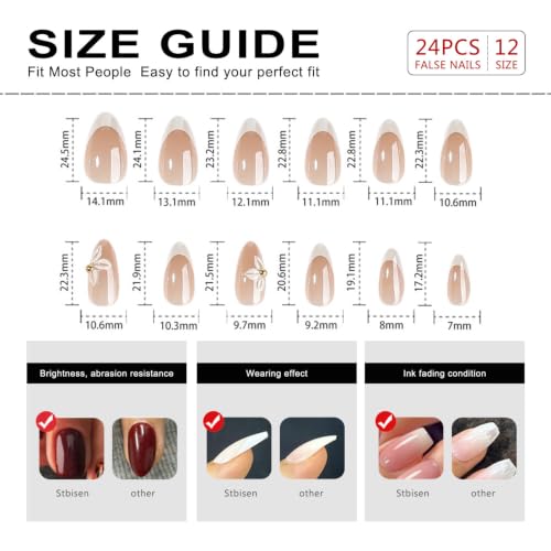 Medium Almond Press On Nails, White French 3D Flower Fake Nails - color: 098-Pearl Ivory Blush