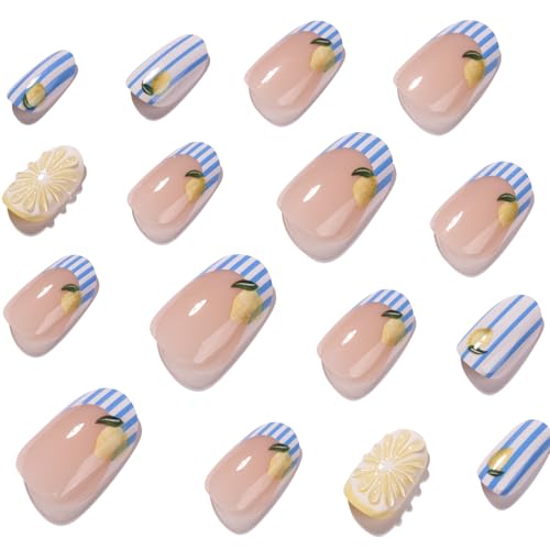 Short Oval Press On Nails Lemon Design, Blue White Stripe Fake Nails with 3D Lemon Slice, Summer Cute French Tip Stick On Nails Glossy Reusable Full Cover False Nails for Women Girls - color: Vertical striped chrysanthemum