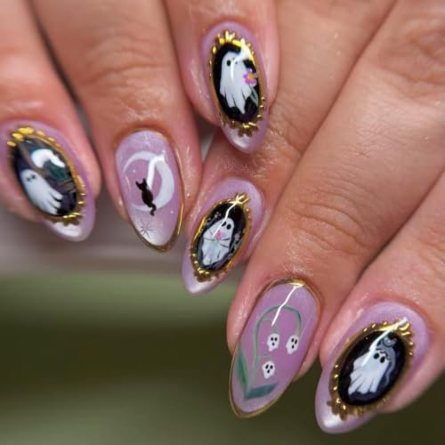 30Pcs Halloween Press on Nails Almond Medium Fake Nails Magic Mirror Ghost False Nails Cute Little Ghost Full Cover Glossy Artificial Acrylic Fingernails Skull Stick on Nails for Women Nail Art DIY - color: Ghost Moon Cat Style