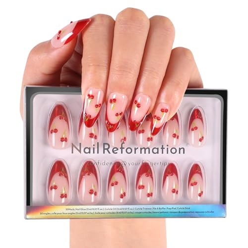 Nail Reformation Press On Nails, Cherry | Pink Medium Almond 15 Sizes 30Pcs - color: Cherry Cherry