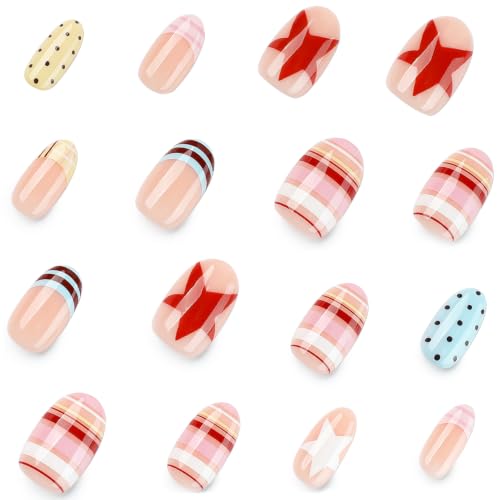 Y2K Cute Pastel Press On Nails, Short Almond Fake Nails with Candy Stripe, Polka Dot & Star Design, Glossy Handmade Reusable Nail Set for Women Girls - color: 83-Elliptical Rainbow
