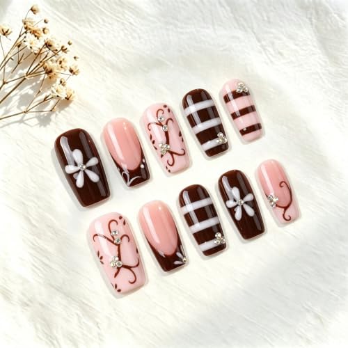 Handmade Press on Nails,Medium Coffin Flower Striped Fake Nails - color: style13