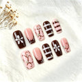 Handmade Press on Nails,Medium Coffin Flower Striped Fake Nails - color: style13
