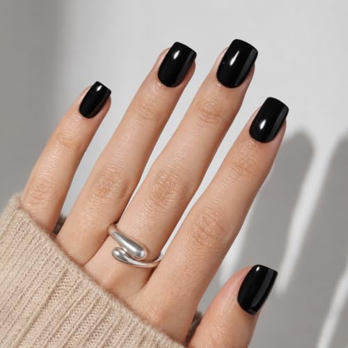 Black Press On Nails Square - Goth Short Square Fake Nails - color: 6C - Pure Black