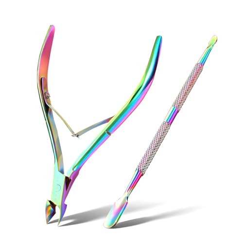Makartt Rainbow Titanium Sharp Cuticle Nipper and Pusher Set - color: Multi-colored