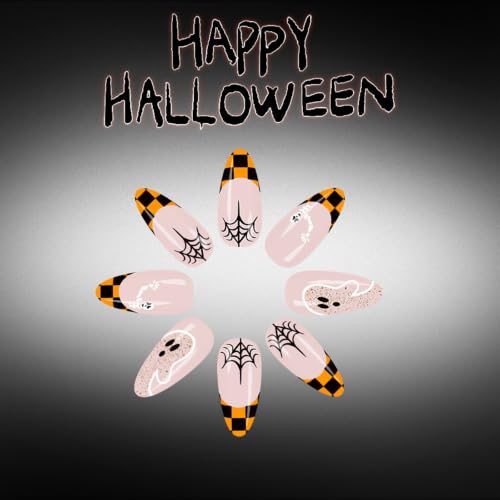 Halloween Almond Press On Nails Medium Nude Fake Nails French False Nail - color: Style C007, size: Medium