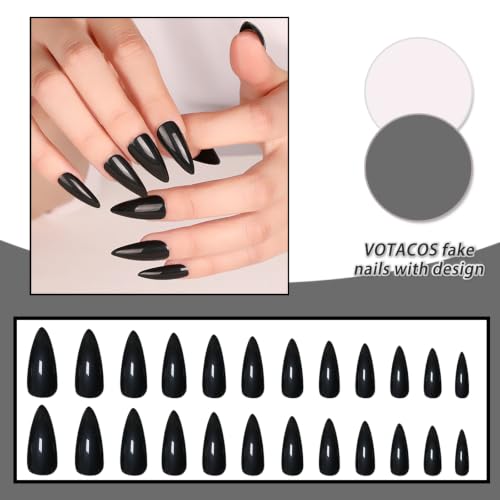 Black Press on Nails Almond Medium Glossy Fake Nails for Women - color: 09-Black
