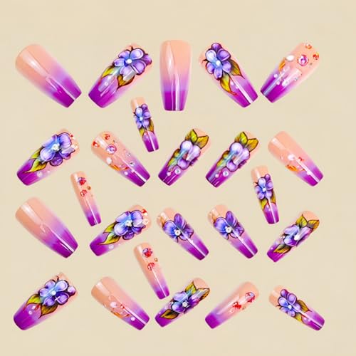 24pcs Long Coffin Press on Nail Flower Fake Nails with Purple Pink Gradient designs Stick on Nail Full Cover Ballet Rhinestones Press ones Reusable Glue on Nails for Women Summer - color: s39
