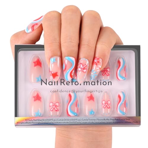 Nail Reformation Press On Nails, Red White & Blue Swirl Medium Almond 30Pcs - color: Firecracker Pop