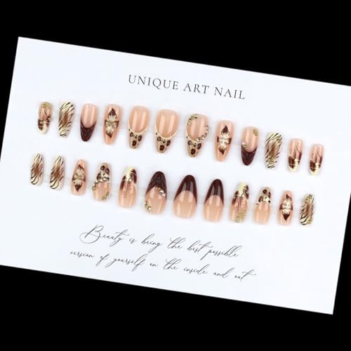 Fall Medium Almond Press on Nails - Brown French Tip - color: D-59