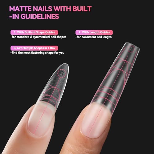 Makartt Long Almond & XL Tapered Square Nail Tips with Built-In Shaping Guides: 2 Shapes in 1 Box-15 Sizes, Pre-Etched Matte Inside False Nails for Nail Extension DIY, Salon Manicure Supplies 384pcs