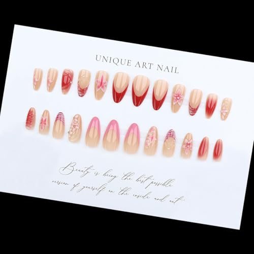 Medium Almond Press on Nails - 3D Pink Flowers - color: D-33