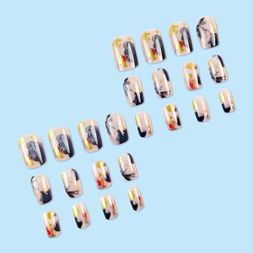 Fall Maple Leaves Press On Nails Short Square Fake Nails Press Ons With Gold Foil Design Glue On Nails Ink Wash Style Autumn Stick On Nails Full Cover Acrylic False Nails For Women Nail Decor - color: design-2