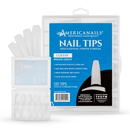 Americanails Coffin Nail Tips - 120ct Set - Ideal for Acrylic and Hard Gel, Break-Resistant ABS Plastic, Clear Matte Finish, Half Well with Micro Contact Area - color: Coffin, size: 120 Nail Tips