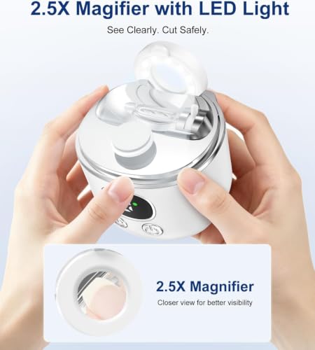 Electric Nail Clipper for Seniors, Electric Toenail Clipper with Dual Opening 0.8mm and 1.6mm, 2.5X Magnifier with LED Light & Nail Scrap Storage, 3-Speeds Automatic Trimmer and Polish, Cold White - color: Cold White