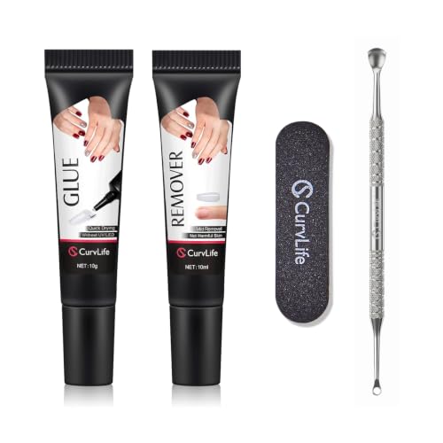 Curvlife Soft Quick Drying 10g Semi Solid Nail Glue with 10ml Remover with Cuticle Pusher Nail Art for Press On Nails Tips No Need for UV Lamp Long Lasting