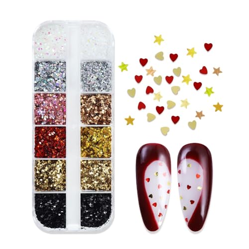 1 Box 12 Color Holographic Hearts Star Nail Glitter Tiny Heart Nail Sequins 3D Red Gold Nail Flakes Sparkly Powder Flakes Shiny Nail Glitter Valentine's Day Nail Sequins Glitter for Nails Art 12 Grids - color: Color 21