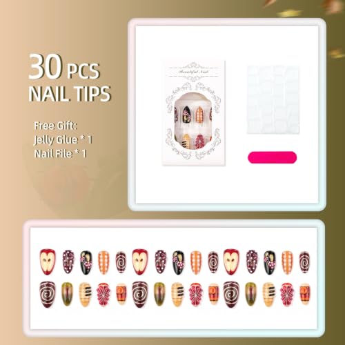 30pcs Fall Fake Nails Autumn Mushroom Fruit Press on Acrylic Nails - color: Halloween Press on Nails 23