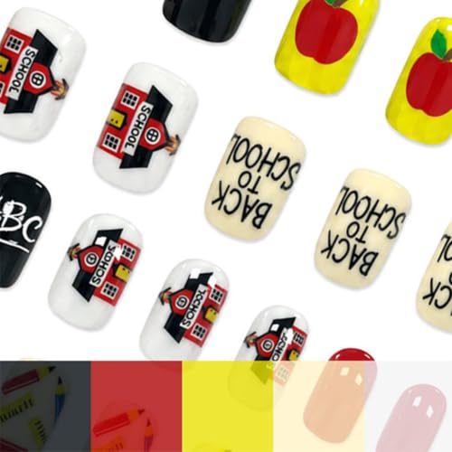 Press on Nails Back To School Pencil Ruler Book Short Square Fake Nails - color: Red apple