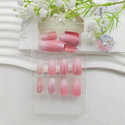 Coffin Press on Nails Short Fake Nails with Glitter Gradient Designs Pink Nails Press ons Cute Acrylic Nails Glossy Glue on Nails Daily Wear Simple False Nails Fall Stick on Nails for Women 24Pcs - color: Glitter Gradient Designs