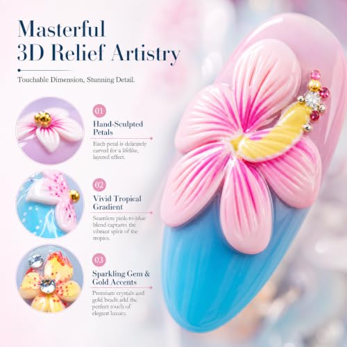 10Pcs Almond Press on Nails, Tropical Hibiscus Flower Design, Blue and Lavender Ombre Fake Nails with 3D Rhinestones, Summer Beach Floral Glossy Glue on Nails for Women - color: Blue and Purple Ombre, size: S