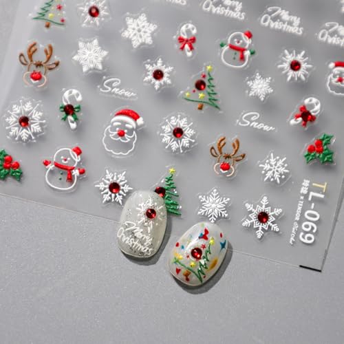 5D Embossed Christmas Nail Stickers for Nail Art Xmas Tree, Snowflake,Santa, Elk Rhinestone Nail Art Decals for Women Self-Adhesive Nail Supplies Art Design Stickers - color: Christmas-069