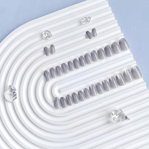 KQueenest Cat Eye Press on Nails Short Oval, 30 Pcs Light Gray Fake Nails Extra Short Almond, Glitter Magnetic Glue on Nails, Reusable Shiny Chrome Stick on Nails for Women Salon Manicure - color: Shimmer Light Grey