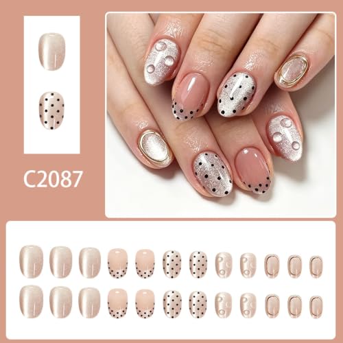 Short Oval Press on Nails, Glossy Glitter Polka Dot Fake Nails, 24Pcs - color: Color-20