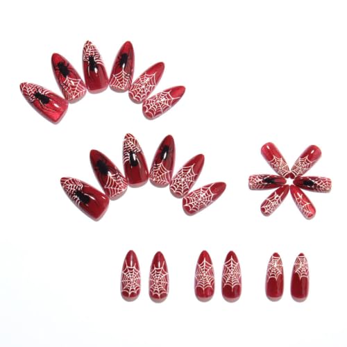 Halloween Press on Nails Almond Red Glitter Cat Eye Spider Web Fake Nails - color: Halloween Spider Web Nails-14