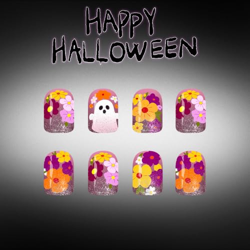 Halloween Press On Nails, Short Square Ghost Floral Design, Purple - color: style 03