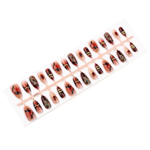 Halloween Press on Nails Medium Almond with Gold Spider Web Bat Design - color: Halloween nails-15