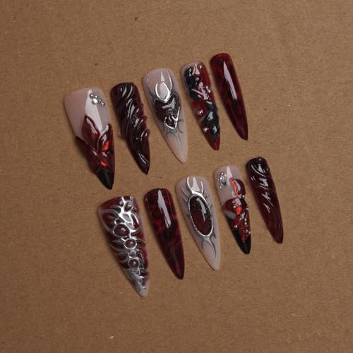 Gothic Stiletto Press On Nails Y2K Dark Red Fake Nails 3D Embossed Heart Flower Designs Full Cover Glossy Glue On Nails Goth Acrylic False Nails for Women Punk Halloween Nail Decor 24Pcs - color: special Gothic-17