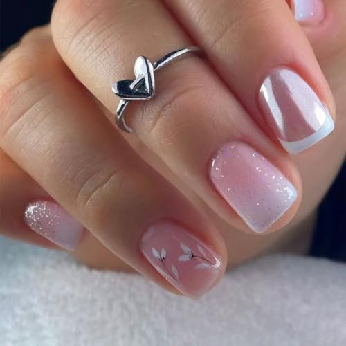 French Tip Press on Nails Short Square Fake Nails Leaves Glitter Designs - color: 32