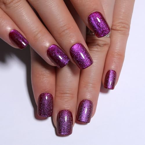 Pink Purple Cat Eye Press On Nails Short Square, Magenta Tone Cat Eye Nail Design, High Saturation Color Glossy Soft Gel Fake nails, Reusable Glue On Nails for Women, Party Holiday, 30Pcs - color: M07-purple pink