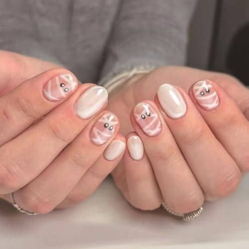 Halloween Press on Nails Short Oval Nails Press on Mummy False Nails - color: Halloween26-Nude-3