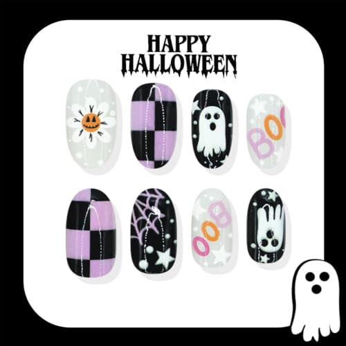 Halloween Press on Nails BOO Cute Ghost Checkerboard Web Flower - color: BOO Halloween