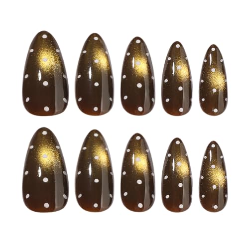 Brown Press on Nails Almond, Fall Winter Cat Eye, Polka Dots, Medium - color: Style-37